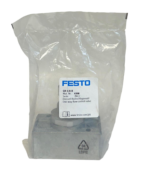 NEW SEALED FESTO GR-3/8-B / 6308 ONE-WAY FLOW CONTROL VALVE 10BAR 145PSI NSFS