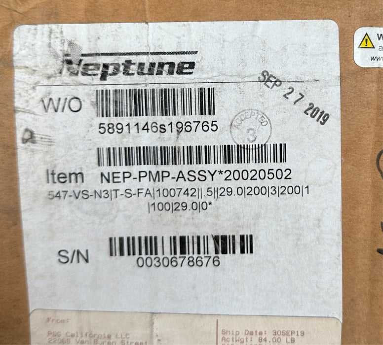 NEW NEPTUNE 547-VS-N3 / 547-VS-N3-T-S-FA-100742 HYDRAULIC PUMP W/ OPTIONS NSMP