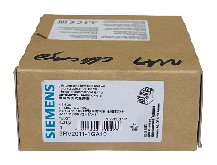 SIEMENS 3RV2011-1GA10 / 3RV20111GA10 CIRCUIT BREAKER 4.5-6.3A 690VAC 3POLE NSMP