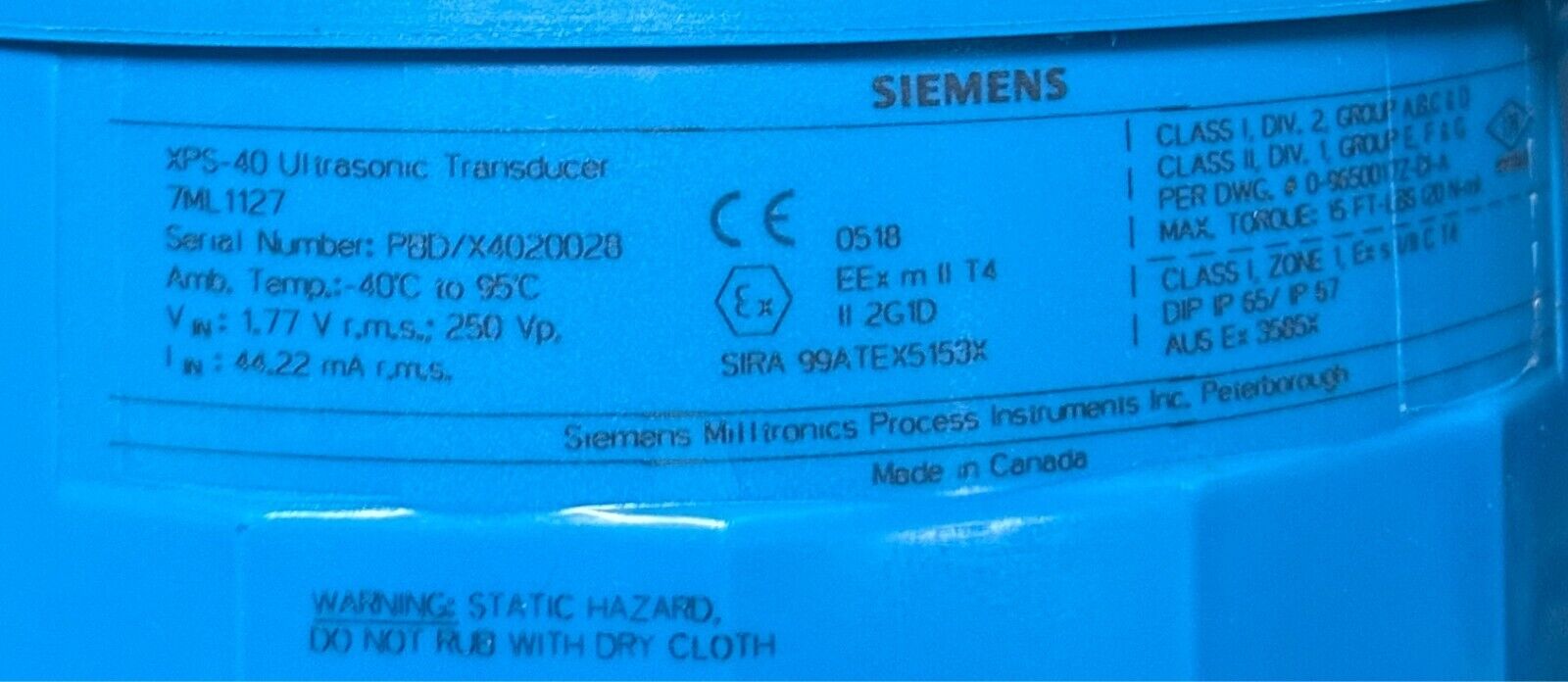 SIEMENS MILLTRONICS 7ML11270BA50 ECHOMAX XPS-40 TRANSDUCER 7ML1127 NSMP