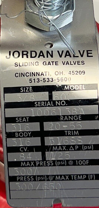JORDAN VALVE TOKO VALEX MODEL 60 SLIDING GATE VALVE 3/8'' 126541/99-09 USNP