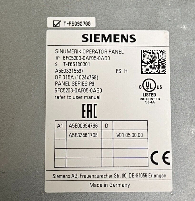 SIEMENS 6FC5203-0AF05-0AB0 SINUMERIK OPERATOR PANEL OP 015A SERIES P9 15'' NSMP