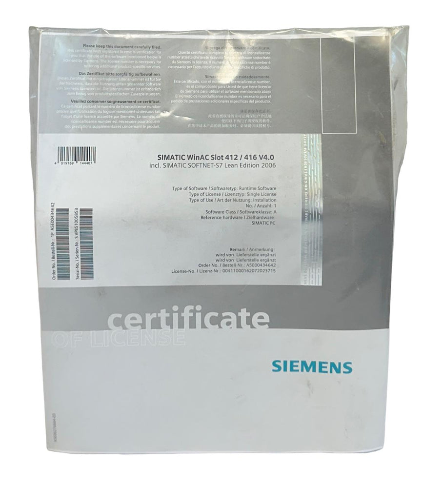 SIEMENS A5E00434642 SIMATIC WinAC SLOT 412 / 416 V4.0 SOFTNET-S7 LEAN ED NSFS