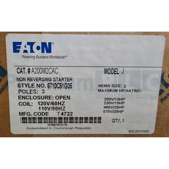 NEW EATON A200M2CAC MODEL J A200 NEMA NON REVERSING STARTER 6710C51G05 NSFS