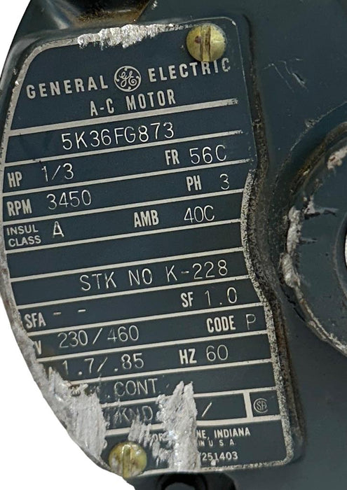 GENERAL ELECTRIC 5K36FG873 AC MOTOR 1/3HP 3450RPM 3PH 230/460V 60Hz USNP
