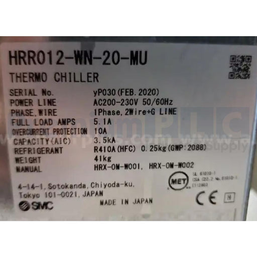 SMC HRR012-AN-20-MU HRR THERMO CHILLER, RACK MOUNT, AIR COOLED  200/230VAC NSMP