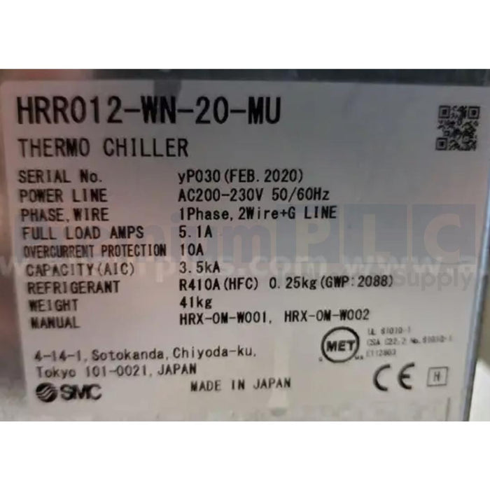 SMC HRR012-AN-20-MU HRR THERMO CHILLER, RACK MOUNT, AIR COOLED  200/230VAC NSMP