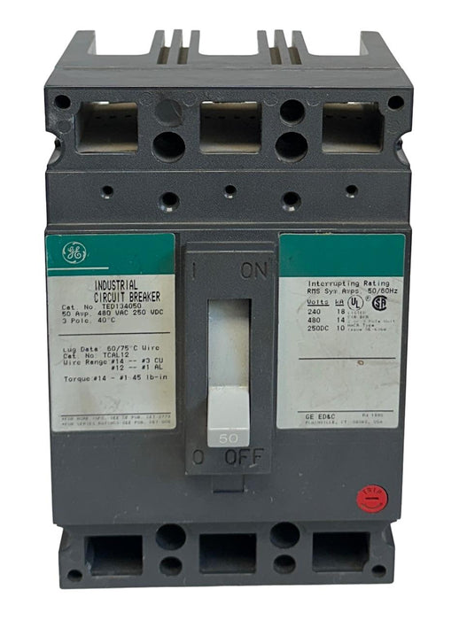 GENERAL ELECTRIC TED134050 INDUSTRIAL CIRCUIT BREAKER 50A 480VAC 250VDC 3P NSNP