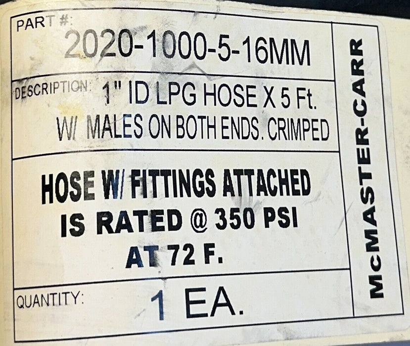 McMASTER-CARR 2020-1000-5-16MM / 20201000516MM 1'' ID LPG HOSE 5FT MALE END NSNP