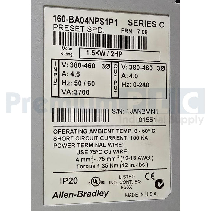 ALLEN BRADLEY 160-BA04NPS1P1 /C 160 SSC VARIABLE SPEED DRIVE 1.5kW/2HP FRN 7.06