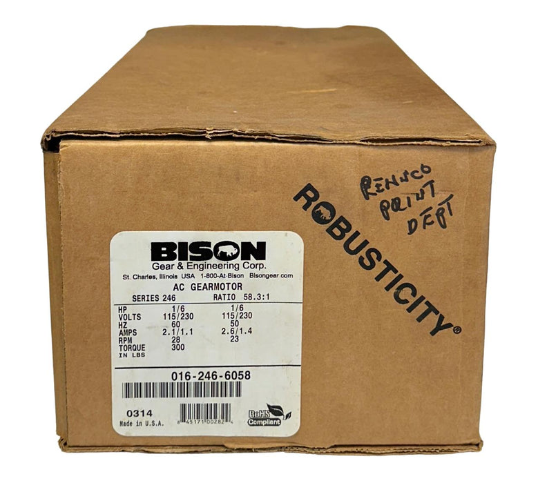 BISON 016-246-6058 / 0162466058 SERIES 246 AC GEARMOTOR 1/6HP 58.3:1 RATIO NSMP