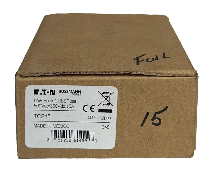 12 EATON TCF15 BUSSMANN SERIES LOW-PEAK CUBEFuse 600VAC/300VDC 15A NSMP