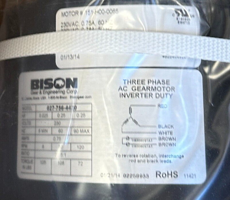 BISON 027-756-4420 / 151-H00-0065 AC GEARMOTOR 3-PHASE INVERTER DUTY 1/4HP NSMP