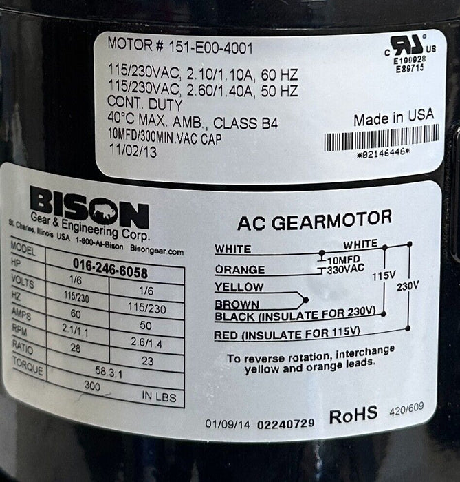 BISON 016-246-6058 / 0162466058 SERIES 246 AC GEARMOTOR 1/6HP 58.3:1 RATIO NSNP