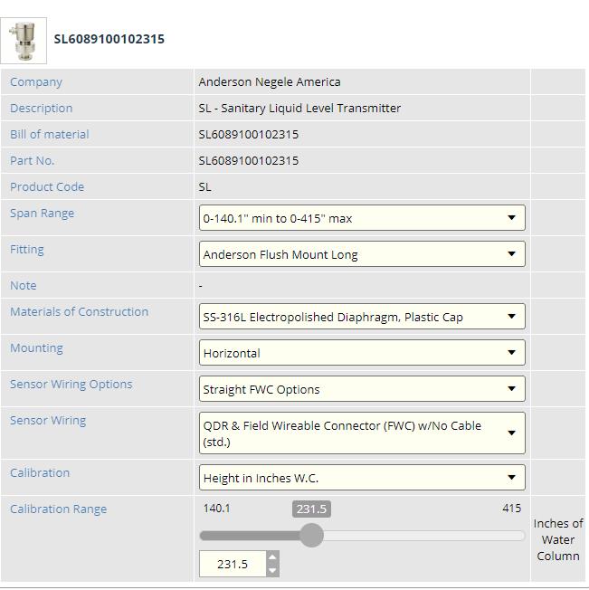 NEW ANDERSON-NEGELE SL6089100102315 SL HYDROSTATIC LEVEL TRANSMITTER 0-231.5"WC