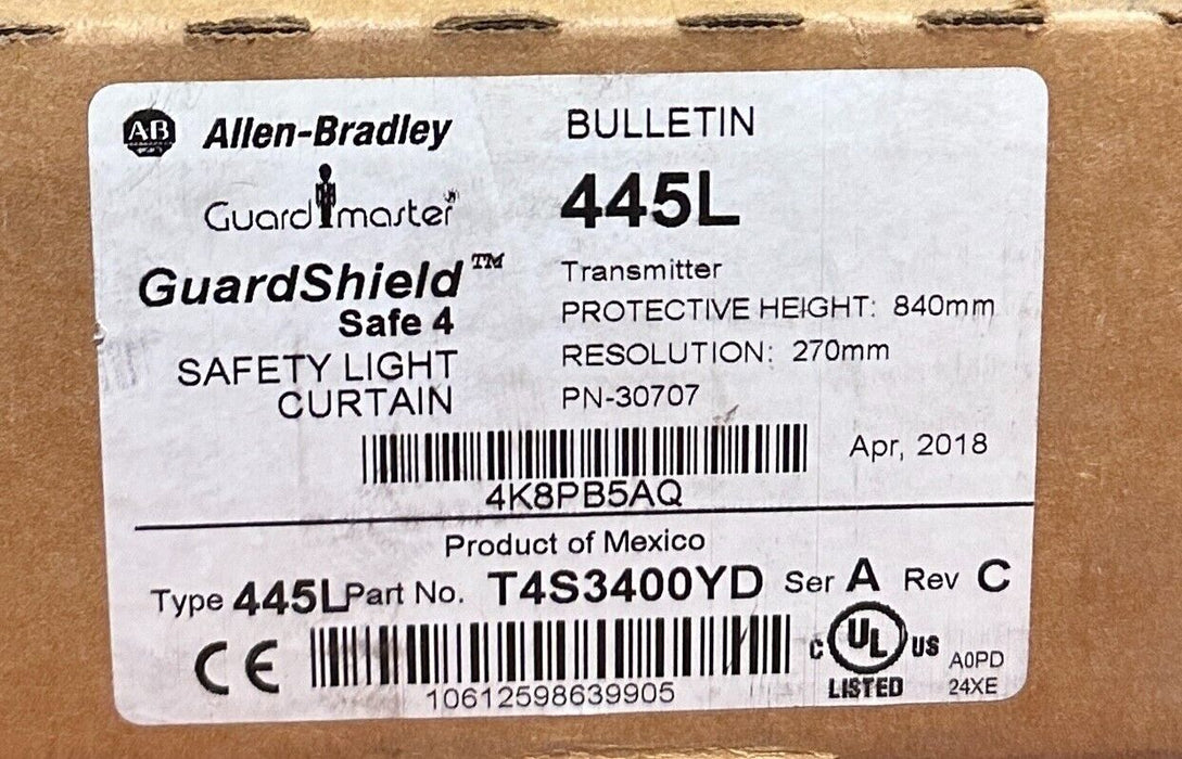 ALLEN BRADLEY 445L-T4S3400YD /A GuardShield Safe LIGHT CURTAIN TRANSMITTER NSFS