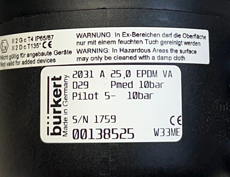 BURKERT 2031 A 25,0 EPDM VA / 00138525 DIAPHRAGM VALVE W/ ACTUATOR 2/2-WAY NSMP
