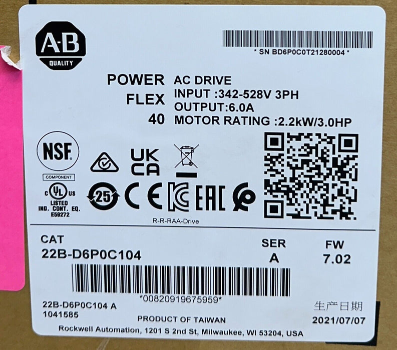 ALLEN BRADLEY 22B-D6P0C104 /A PowerFlex 40 AC DRIVE 2.2kW/3.0HP 22BD6P0C104 NSFS