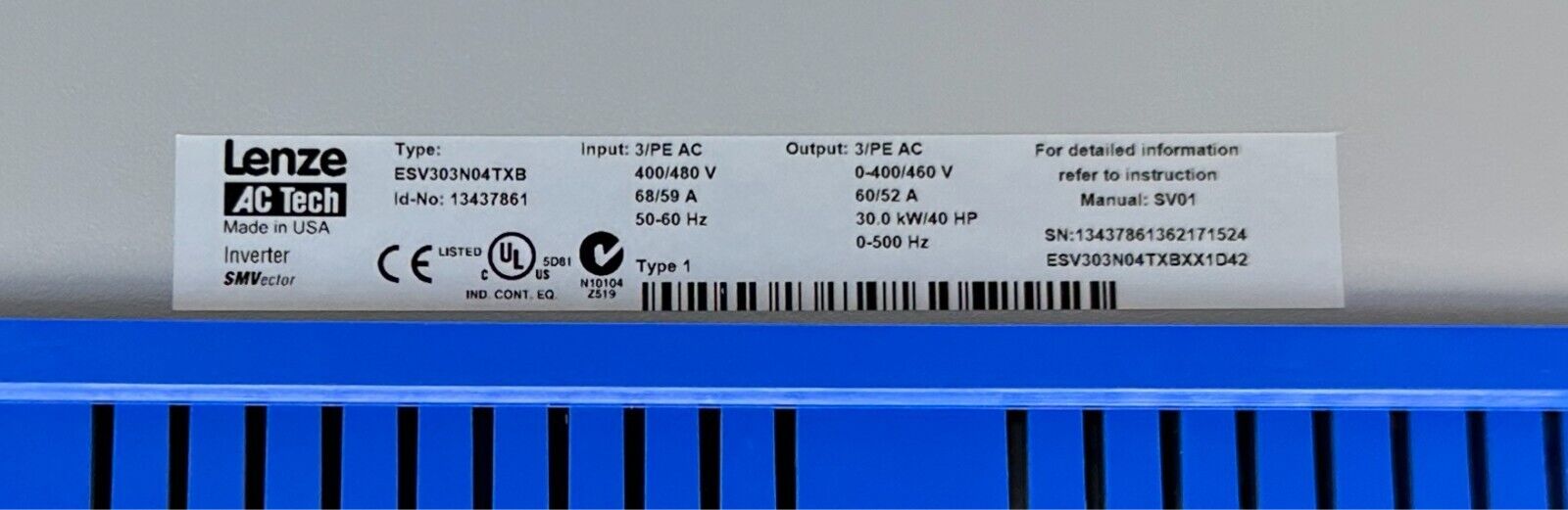 LENZE AC TECH ESV303N04TXB / 13437861 SMVector 30kW/40HP 3PH ESV303N04TXBXX1D42