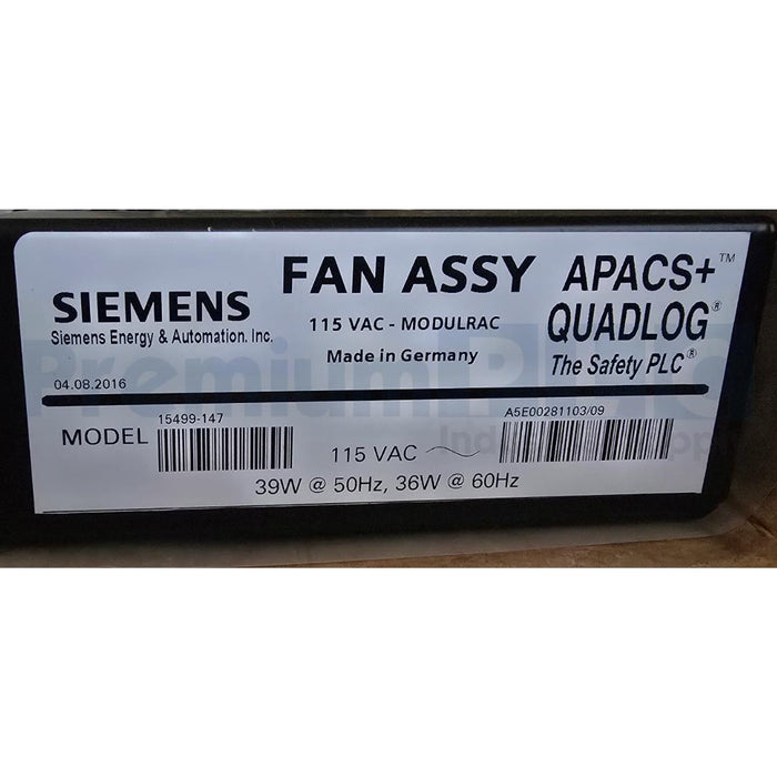 SIEMENS 15499-147 APACS + QUADLOG FAN ASSY 115VAC MODULRAC A5E00281103/09 NSMP