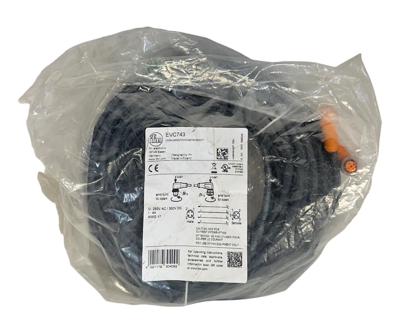 IFM VDOAH040MSP0010H04STAH040MSP / EVC743 CONNECTOR CABLE 20M 250VAC/300VDC NSFS