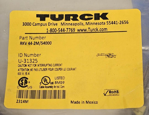NEW TURCK RKV 44-2M/S4000 CORDSET ID NO. U-31325