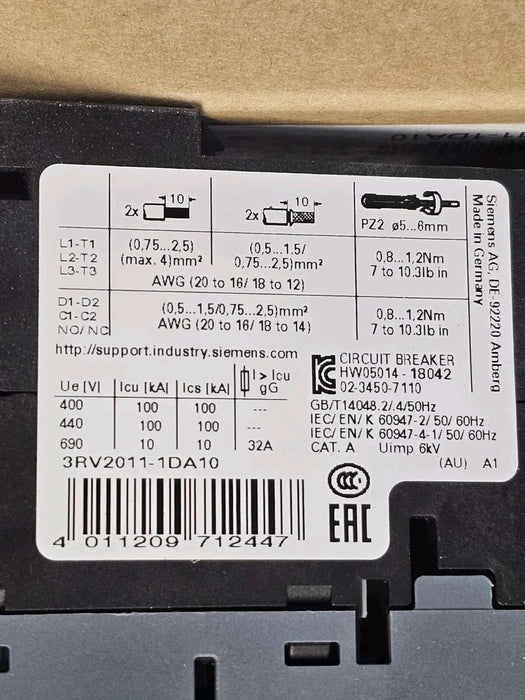 NIB SIEMENS 3RV2011-1DA10 CIRUIT BREAKER 2.2-3.2A, 3RV20111DA10