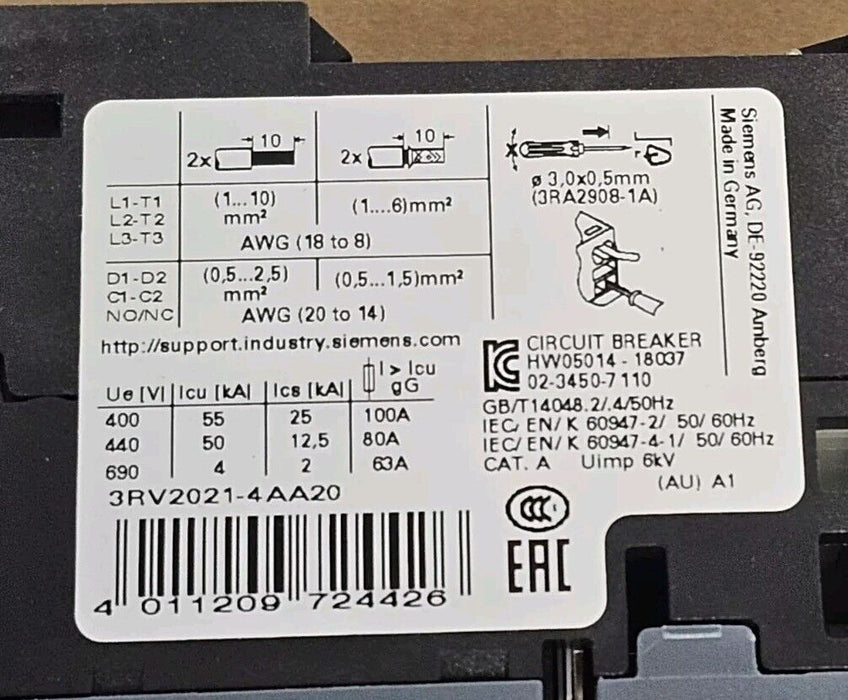 NIB SIEMENS 3RV2021-4AA20 CIRCUIT BREAKER 10-16AMP 3RV20214AA20