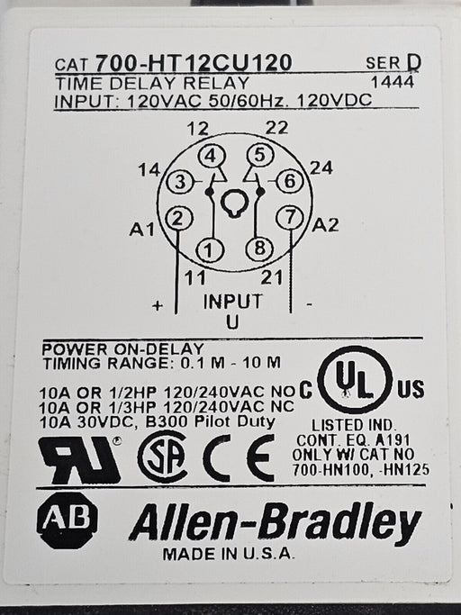 NIB ALLEN BRADLEY 700-HT12CU120 POWER ON-DELAY 700HT12CU120 SER. D