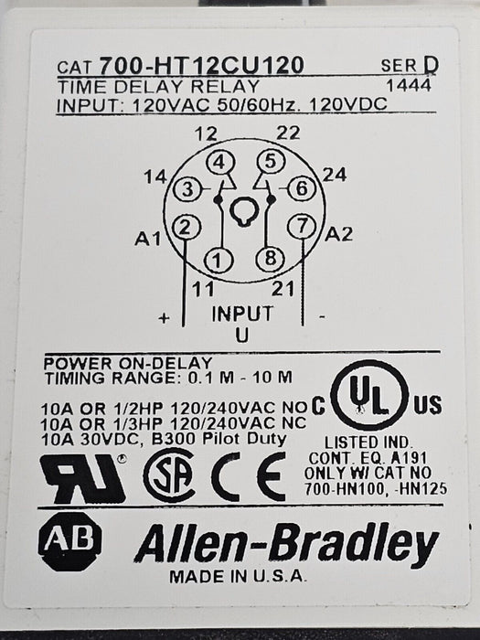 NIB ALLEN BRADLEY 700-HT12CU120 POWER ON-DELAY 700HT12CU120 SER. D