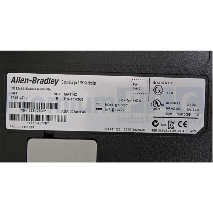 ALLEN BRADLEY 1756-L71 /B ControlLogix 2MB CONTROLLER FW 1.010 1756L71 NSMP