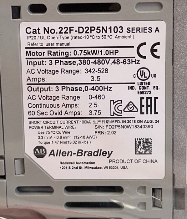 ALLEN BRADLEY 22F-D2P5N103 /A PowerFlex 4M AC DRIVE 0.75kW/1HP 22FD2P5N103 NSMP