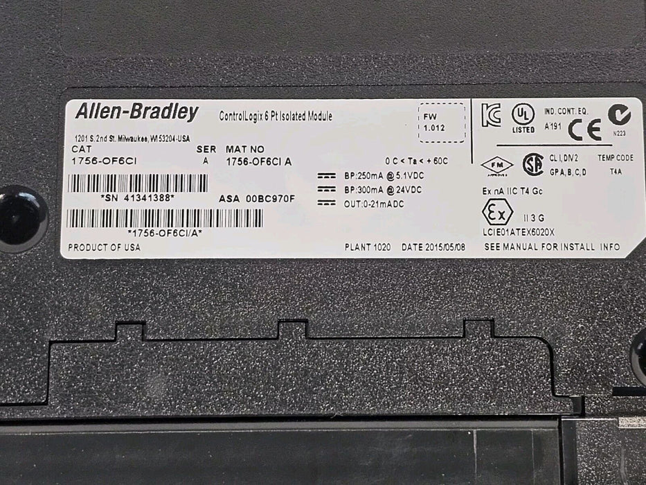 ALLEN BRADLEY 1756-OF6CI CONTROLLOGIX 6 PT ISOLATED MODULE SER. A FW: 1.012