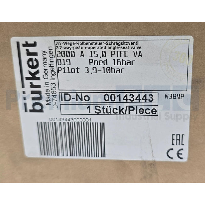 BURKERT 00143443 / 143443 TYPE 2000 2/2-WAY PISTON OPERATED ANGLE SEAT VALVE NEW