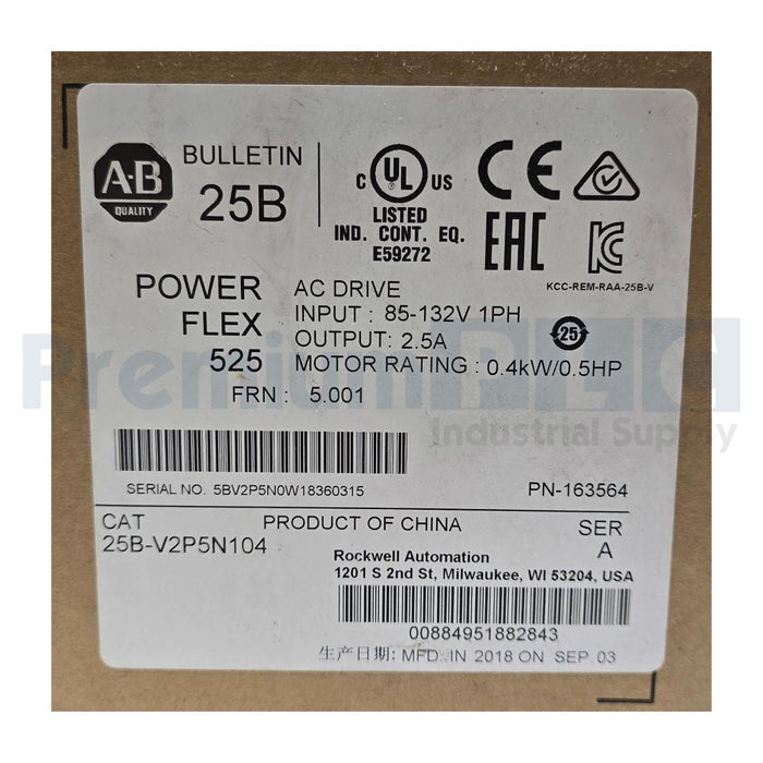 ALLEN BRADLEY 25B-V2P5N104 /A POWERFLEX 525 AC DRIVE 0.4kW/0.5HP FRN 5.001 NSFS