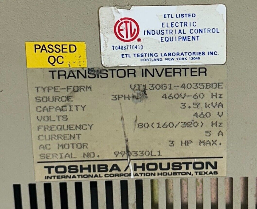 TOSHIBA VT130G1-4035BOE / TOSVERT-130G1 TRANSISTOR INVERTER 3HP 460V 3PH 5A USNP