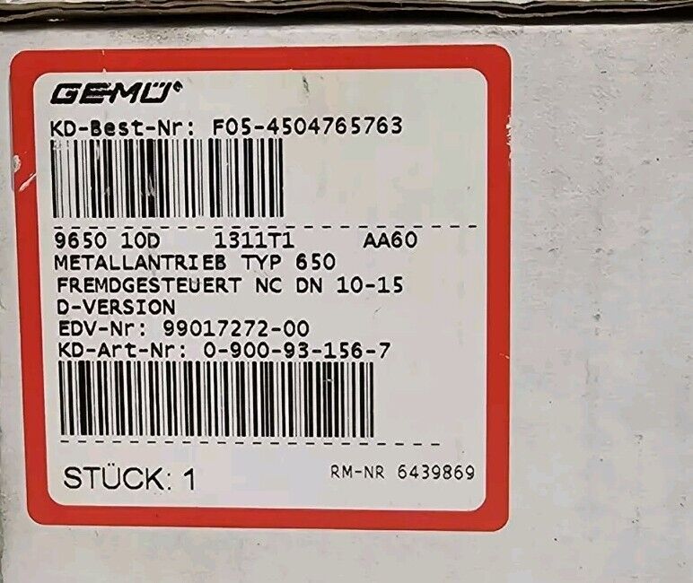 NIB GEMU 9650 10D 1311T1 ACTUATOR DIAPHRAGM VALVE 99017272-6439869 0001