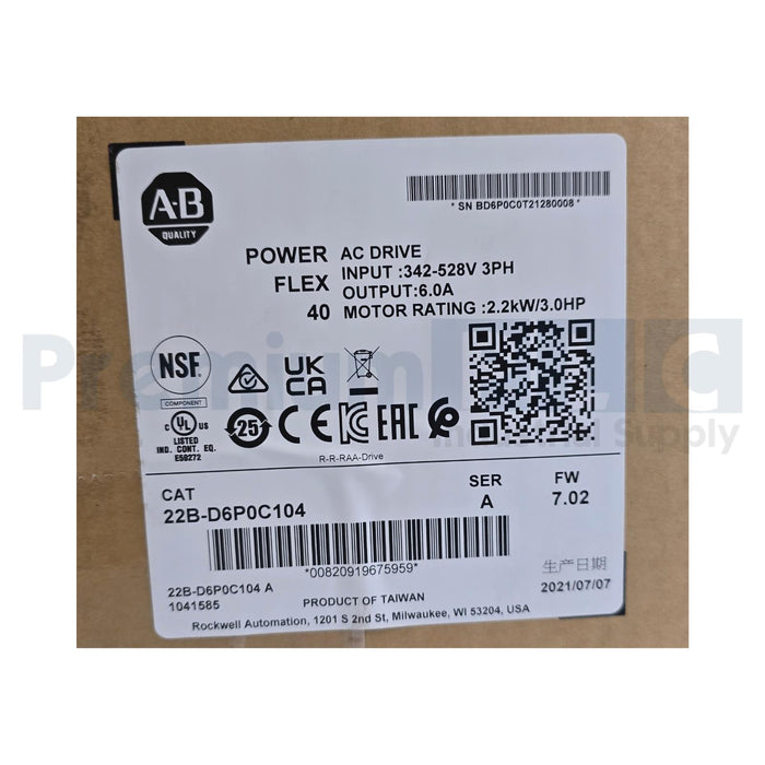 ALLEN BRADLEY 22B-D6P0C104 /A PowerFlex 40 AC DRIVE 2.2kW/3.0HP 22BD6P0C104 NSMP