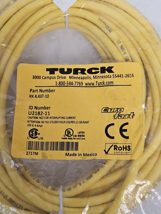 NEW TURCK RK 4.43T-10 CORDSET ID NO. U2182-11 STRAIGHT FEMALE CONNECTOR