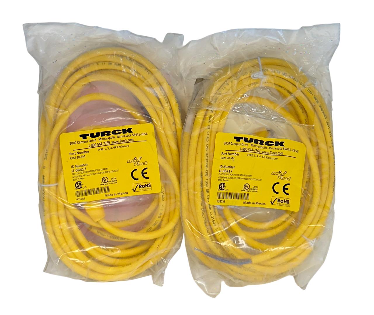 2 TURCK RKM 20-5M / U-08417 MINI FAST SINGLE-ENDED CORDSETS 5M NSFS