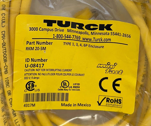 2 TURCK RKM 20-5M / U-08417 MINI FAST SINGLE-ENDED CORDSETS 5M NSFS