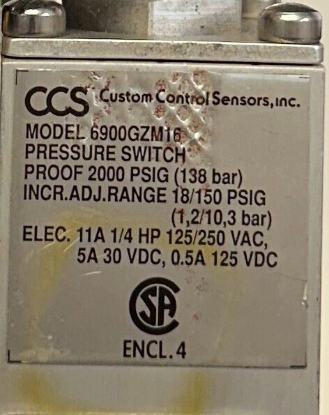 CUSTOM CONTROL SENSORS CCS 6900GZM16 PRESSURE SWITCH 125-250V 1/4GP 11A USNP