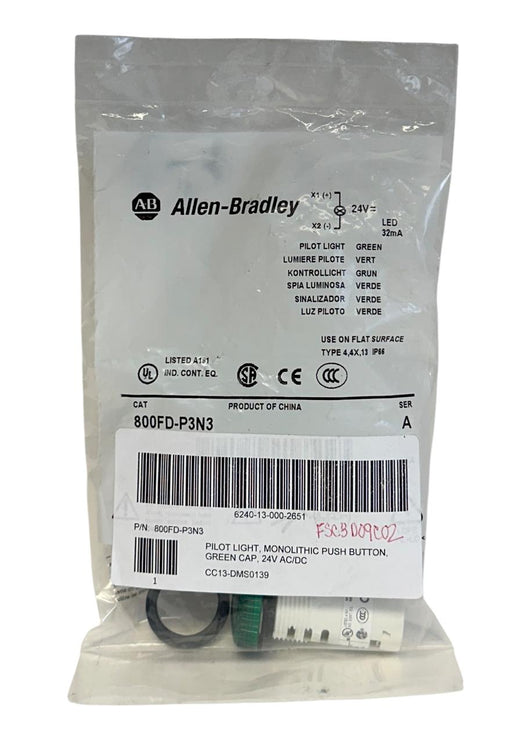 ALLEN BRADLEY 800FD-P3N3 /A BULLETIN 800F PILOT LIGHT PUSH BUTTON GREEN NSFS