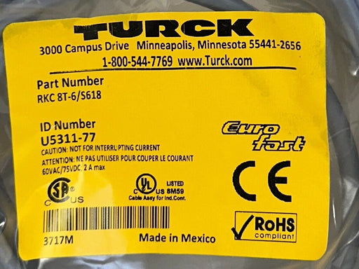 3 TURCK RKC 8T-6/S618 / U5311-77 EUROFAST ACTUATOR / SENSOR CORDSETS 6M NSFS