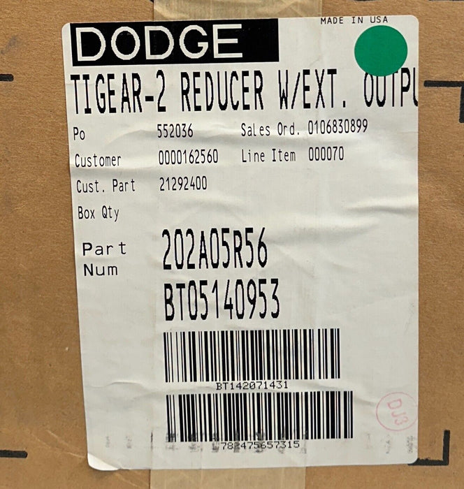 DODGE 202A05R56 TIGEAR-2 REDUCER W/ EXT OUTPUT SHAFT 5:1 RATIO 1.11HP MAX NSFS