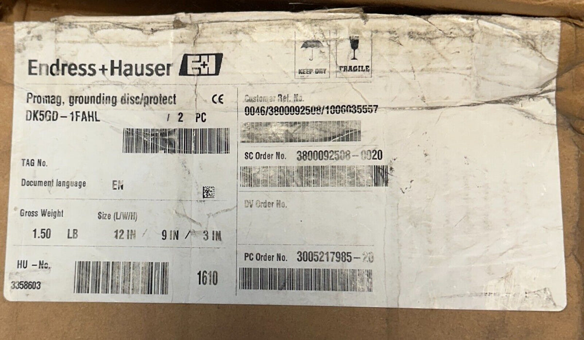 ENDRESS+HAUSER DK5GD-1FAHL / 50097695 PROMAG GROUNDING DISC 6'' OEM NSNP