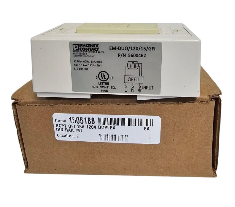 NIB PHOENIX CONTACT EM-DUO/120/15/GFI RECEPTACLE ORD. NO: 5600462