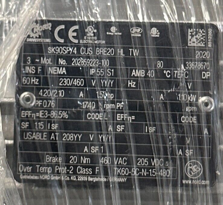 NORD SK90SP/4 CUS BRE20 HL TW / TK60-5C-N-1.5-480 BRAKE MOTOR 1.5HP 3PH NSMP