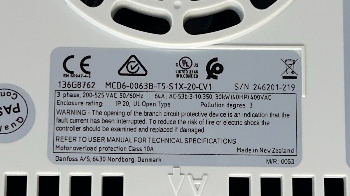 DANFOSS MCD6-0063B-T5-S1X-20-CV1 / 136G8762 VLT SOFT STARTER 30kW/40HP 3PH USNP