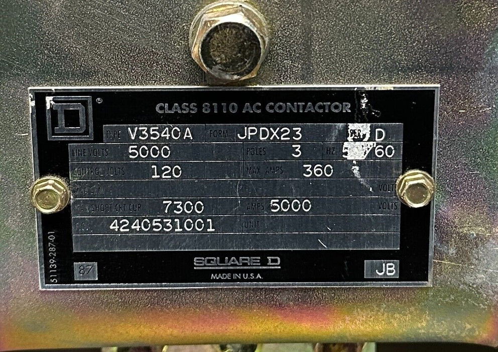 SQUARE D 8110-V3540A-JPDX23 /D CLASS 8110 AC CONTACTOR TYPE V3540A 5000V NSNP